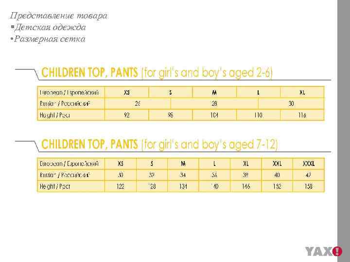 Представление товара §Детская одежда • Размерная сетка 
