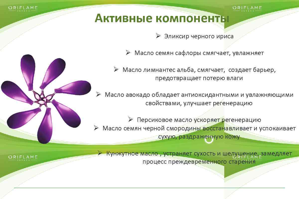 Активные компоненты Ø Эликсир черного ириса Ø Масло семян сафлоры смягчает, увлажняет Ø Масло