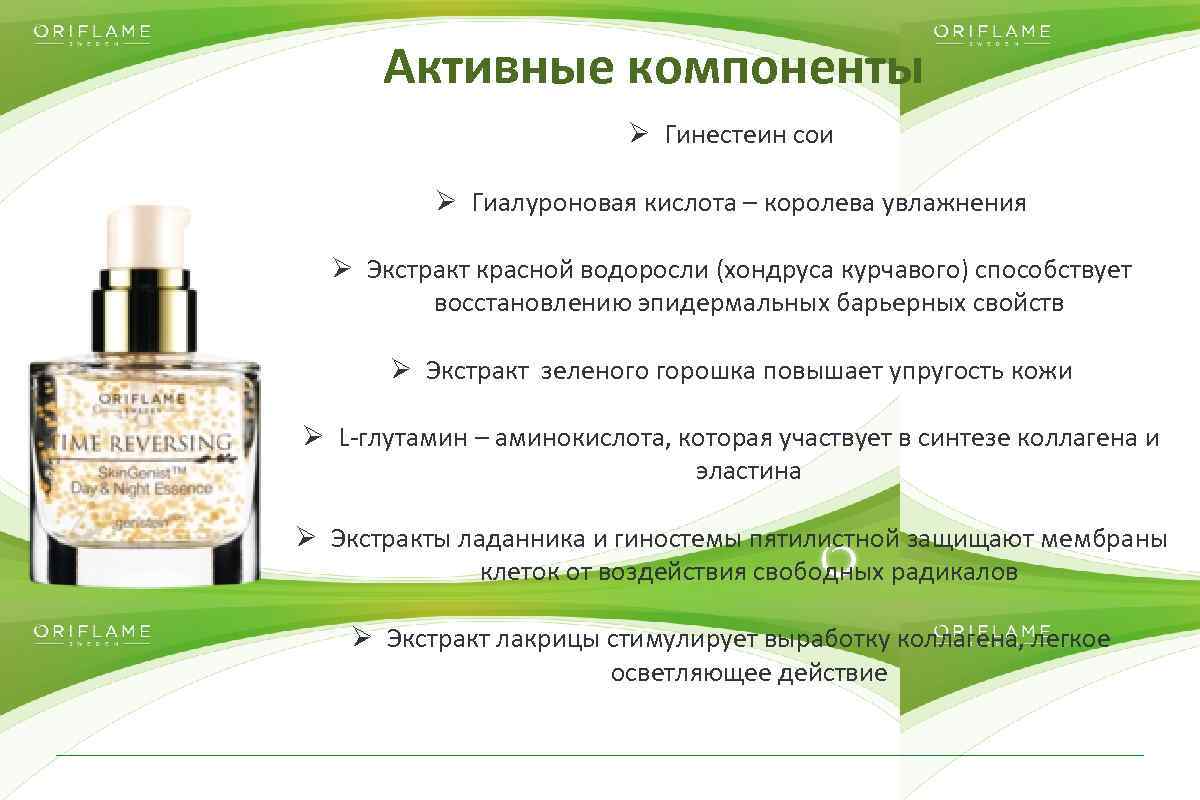 Активные компоненты Ø Гинестеин сои Ø Гиалуроновая кислота – королева увлажнения Ø Экстракт красной