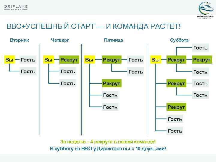 ВВО+УСПЕШНЫЙ СТАРТ — И КОМАНДА РАСТЕТ! Вторник Пятница Четверг Суббота Гость Вы Рекрут Гость