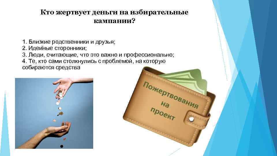 Кто жертвует деньги на избирательные кампании? 1. Близкие родственники и друзья; 2. Идеи ные