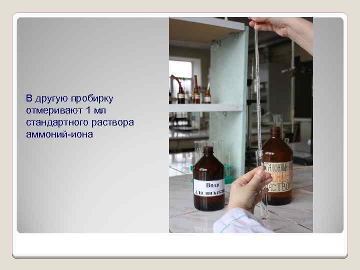 В другую пробирку отмеривают 1 мл стандартного раствора аммоний иона 