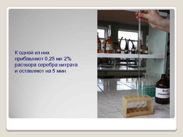 К одной из них прибавляют 0, 25 мл 2% раствора серебра нитрата и оставляют