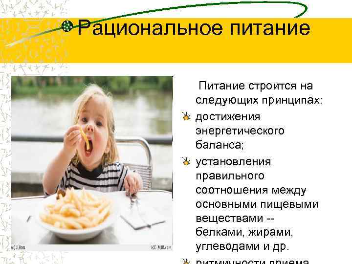 Рациональное питание Питание строится на следующих принципах: достижения энергетического баланса; установления правильного соотношения между