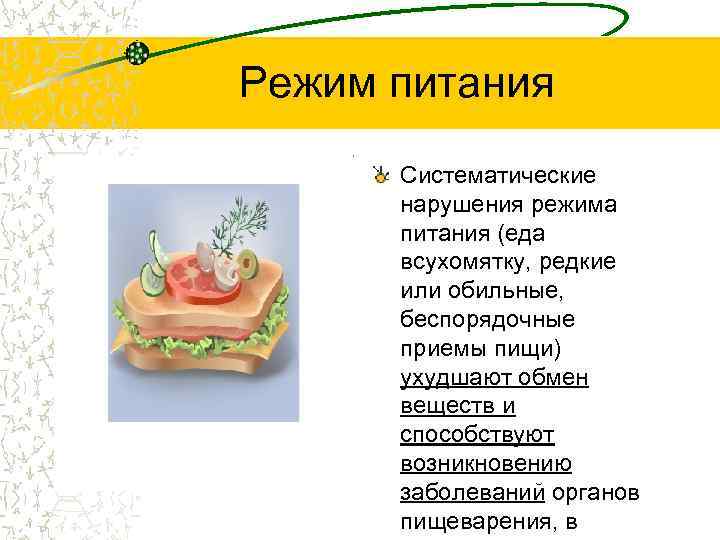 Режим питания Систематические нарушения режима питания (еда всухомятку, редкие или обильные, беспорядочные приемы пищи)