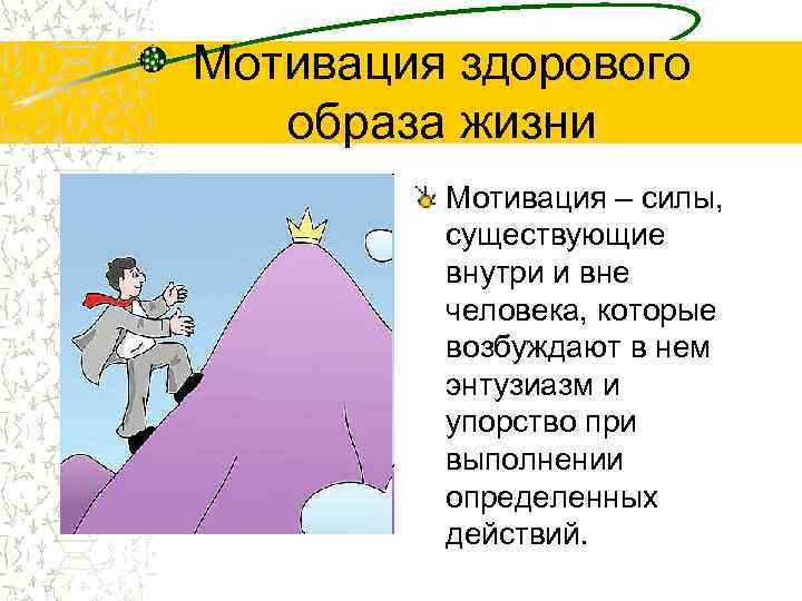 Мотивация здорового образа жизни Мотивация – силы, существующие внутри и вне человека, которые возбуждают