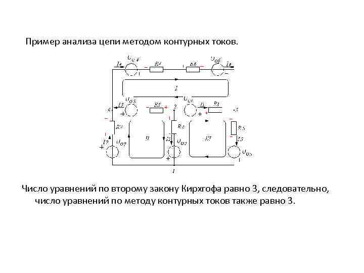  Пример анализа цепи методом контурных токов. Число уравнений по второму закону Кирхгофа равно