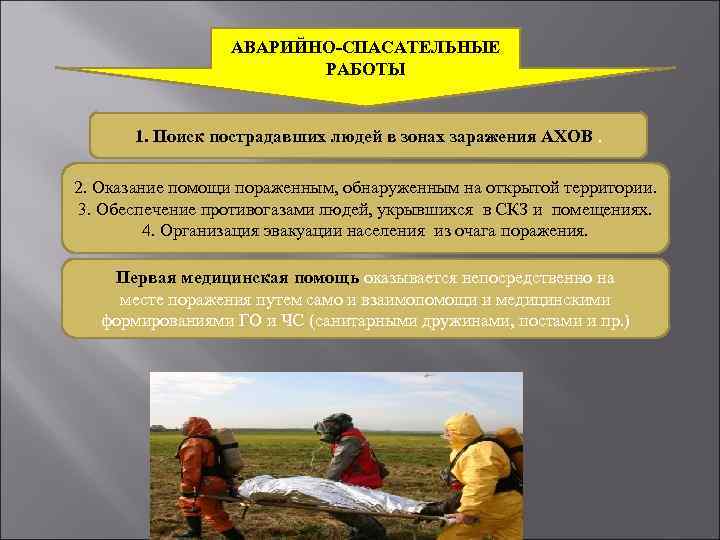 АВАРИЙНО-СПАСАТЕЛЬНЫЕ РАБОТЫ 1. Поиск пострадавших людей в зонах заражения АХОВ. 2. Оказание помощи пораженным,