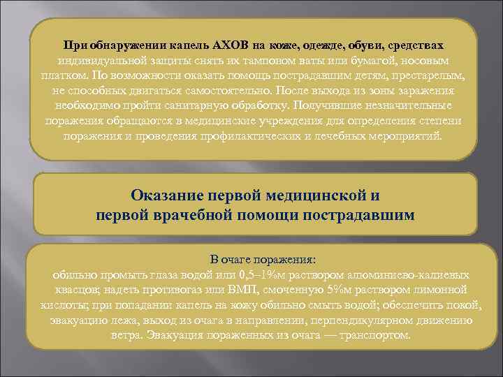 При обнаружении капель АХОВ на коже, одежде, обуви, средствах индивидуальной защиты снять их тампоном