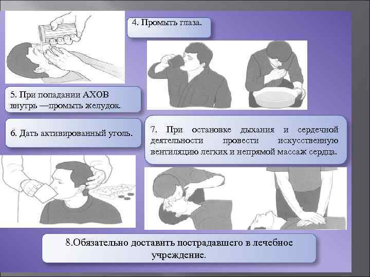 4. Промыть глаза. 5. При попадании АХОВ внутрь —промыть желудок. 6. Дать активированный уголь.