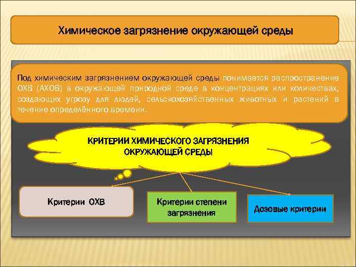 Химическое загрязнение окружающей среды Под химическим загрязнением окружающей среды понимается распространение ОХВ (АХОВ) в