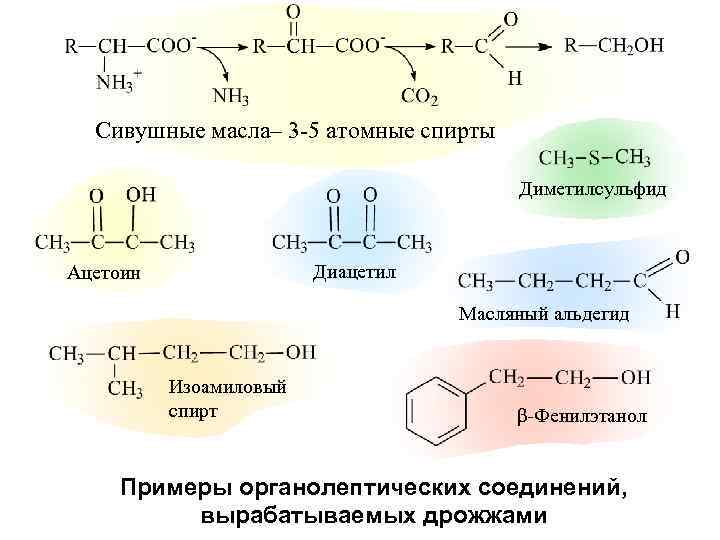 Сивушные масла– 3 -5 атомные спирты Диметилсульфид Диацетил Ацетоин Масляный альдегид Изоамиловый спирт β-Фенилэтанол