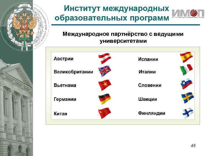 Институт международных образовательных программ Международное партнёрство с ведущими университетами 46 