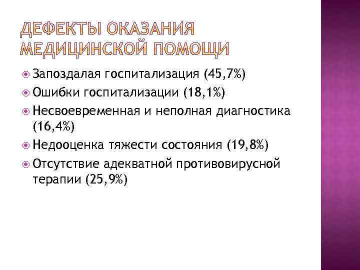  Запоздалая госпитализация (45, 7%) Ошибки госпитализации (18, 1%) Несвоевременная и неполная диагностика (16,