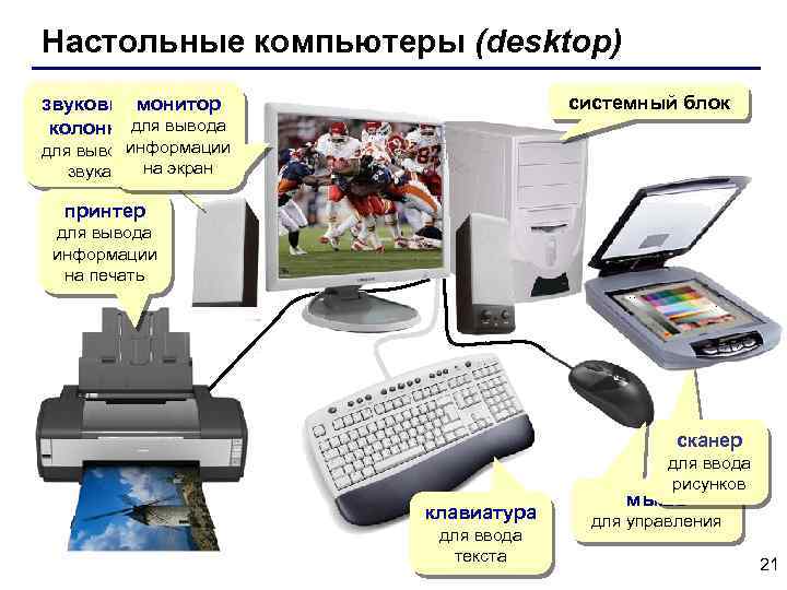 Настольные компьютеры (desktop) системный блок звуковыемонитор колонки для вывода информации для вывода на экран