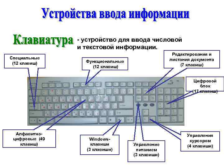 - устройство для ввода числовой и текстовой информации. Специальные (12 клавиш) Редактирования и листания