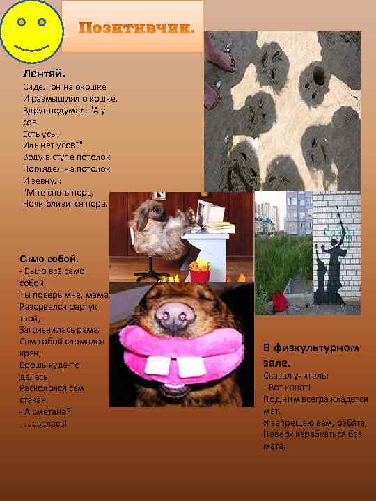 Лентяй. Сидел он на окошке И размышлял о кошке. Вдруг подумал: 