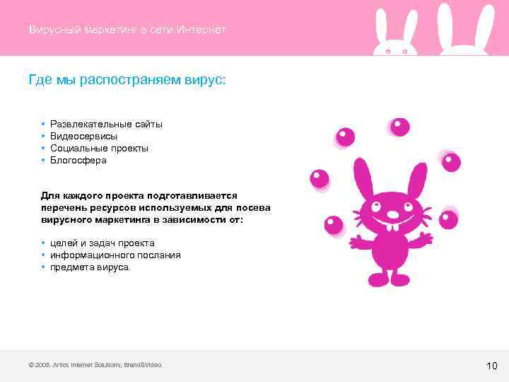 Вирусный маркетинг в сети Интернет Где мы распостраняем вирус: • Развлекательные сайты • Видеосервисы