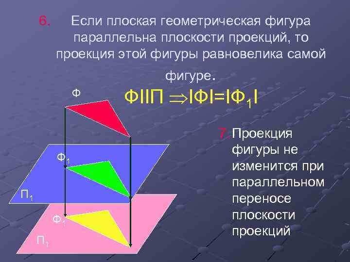 6. Если плоская геометрическая фигура параллельна плоскости проекций, то проекция этой фигуры равновелика самой