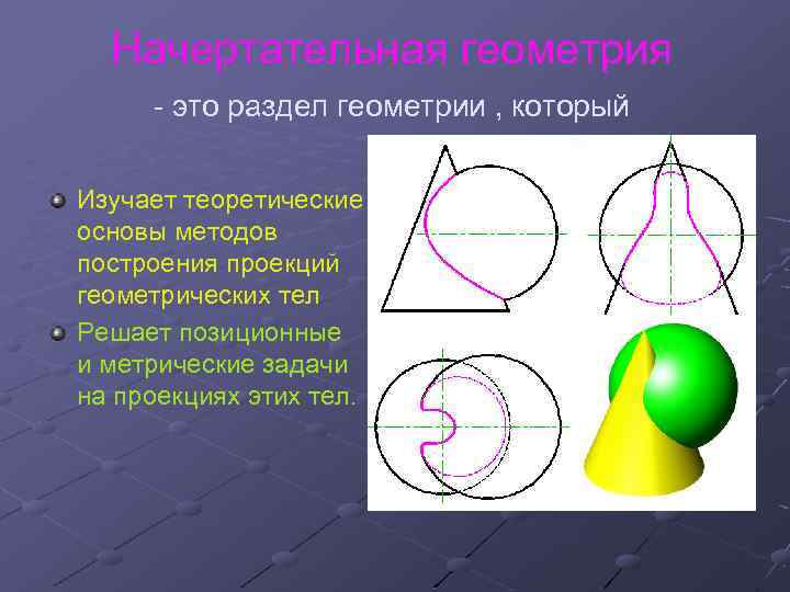 Начертательная геометрия - это раздел геометрии , который Изучает теоретические основы методов построения проекций