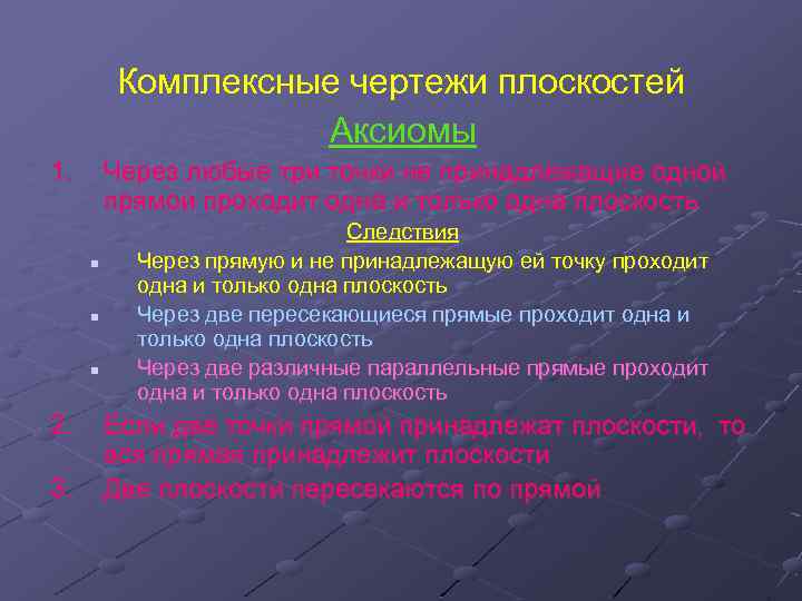 Комплексные чертежи плоскостей Аксиомы 1. Через любые три точки не принадлежащие одной прямой проходит