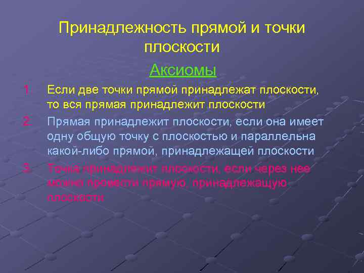 Принадлежность прямой и точки плоскости Аксиомы 1. 2. 3. Если две точки прямой принадлежат