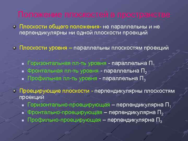 Положение плоскостей в пространстве Плоскости общего положения- не параллельны и не перпендикулярны ни одной