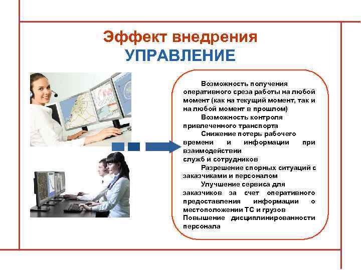 Эффект внедрения УПРАВЛЕНИЕ Возможность получения оперативного среза работы на любой момент (как на текущий