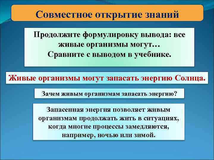 Совместное открытие знаний Продолжите формулировку вывода: все живые организмы могут… Сравните с выводом в