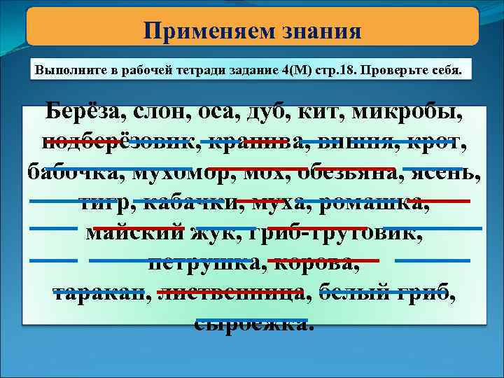 Применяем знания Выполните в рабочей тетради задание 4(М) стр. 18. Проверьте себя. Берёза, слон,