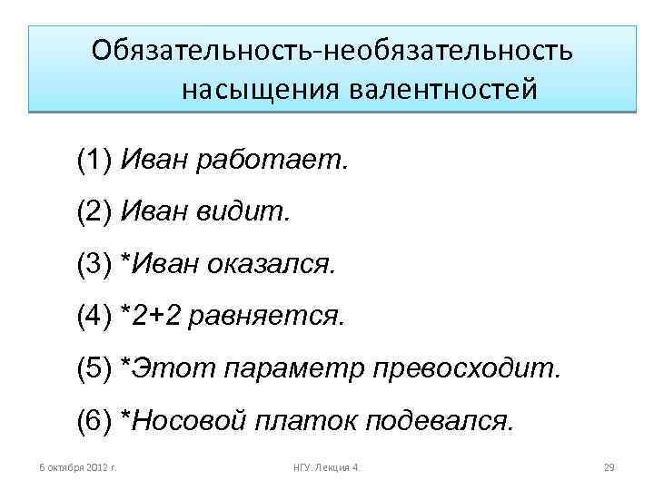 Обязательность-необязательность насыщения валентностей (1) Иван работает. (2) Иван видит. (3) *Иван оказался. (4) *2+2