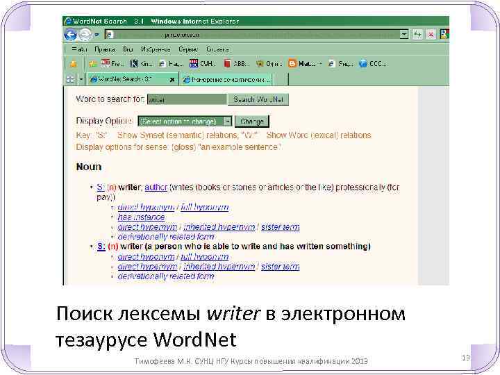 Поиск лексемы writer в электронном тезаурусе Word. Net Тимофеева М. К. СУНЦ НГУ Курсы