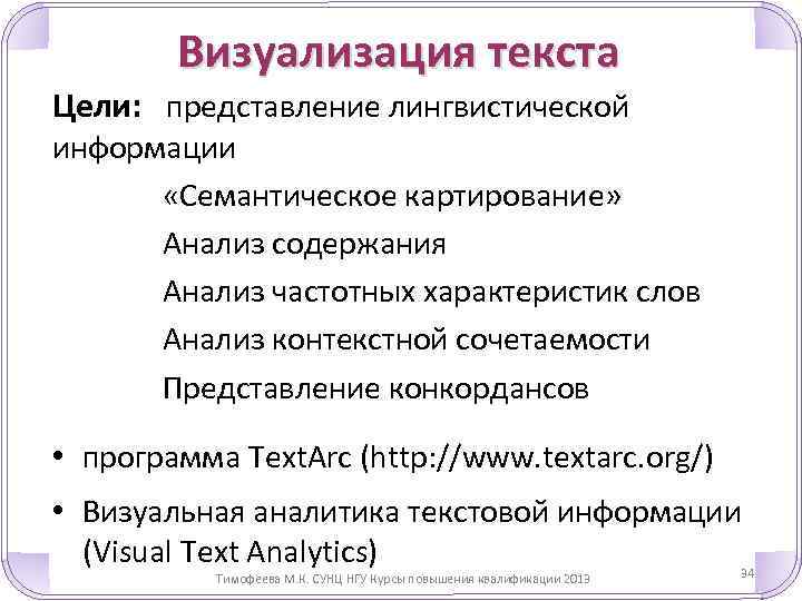 Визуализация текста Цели: представление лингвистической информации «Семантическое картирование» Анализ содержания Анализ частотных характеристик слов