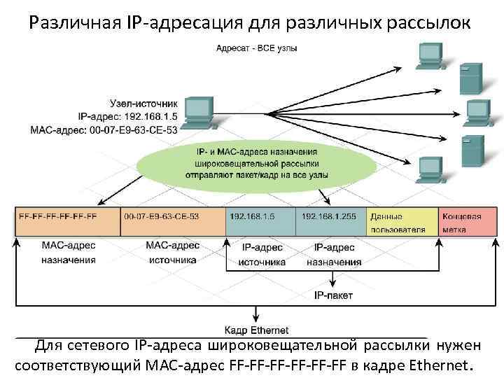 Различная IP-адресация для различных рассылок Широковещательная (broadcast) рассылка В пакете широковещательной рассылки содержится IP-адрес