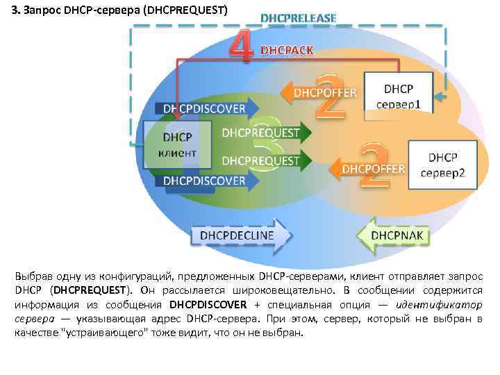 3. Запрос DHCP-сервера (DHCPREQUEST) Выбрав одну из конфигураций, предложенных DHCP-серверами, клиент отправляет запрос DHCP