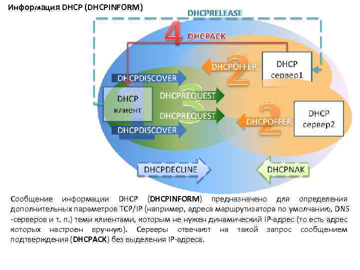 Информация DHCP (DHCPINFORM) Сообщение информации DHCP (DHCPINFORM) предназначено для определения дополнительных параметров TCP/IP (например,