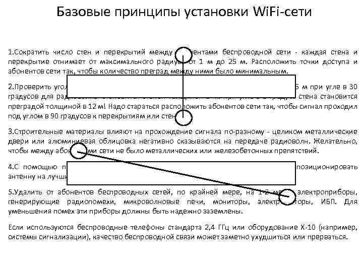 Базовые принципы установки Wi. Fi-сети 1. Сократить число стен и перекрытий между абонентами беспроводной