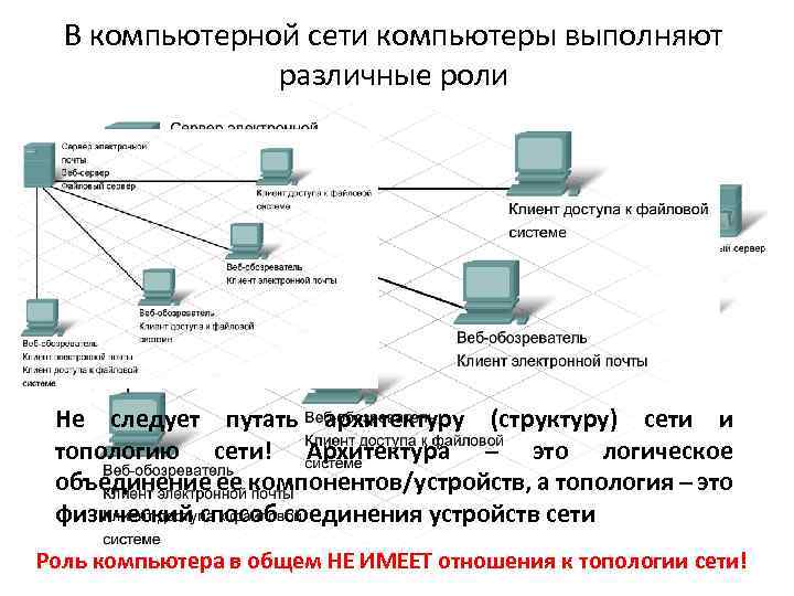 В компьютерной сети компьютеры выполняют различные роли Не следует путать архитектуру (структуру) сети и