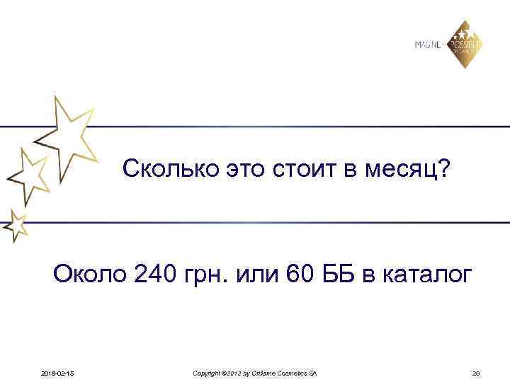 Сколько это стоит в месяц? Около 240 грн. или 60 ББ в каталог 2018