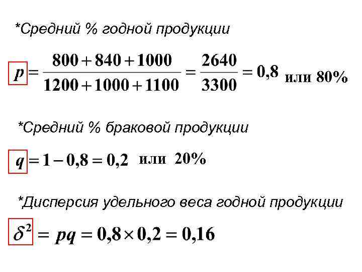 *Средний % годной продукции или 80% *Средний % браковой продукции или 20% *Дисперсия удельного