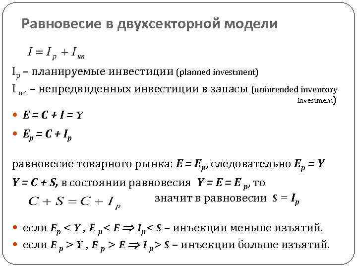 Равновесие в двухсекторной модели Iр – планируемые инвестиции (planned investment) I un – непредвиденных