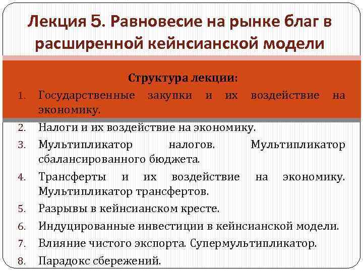 Лекция 5. Равновесие на рынке благ в расширенной кейнсианской модели 1. 2. 3. 4.