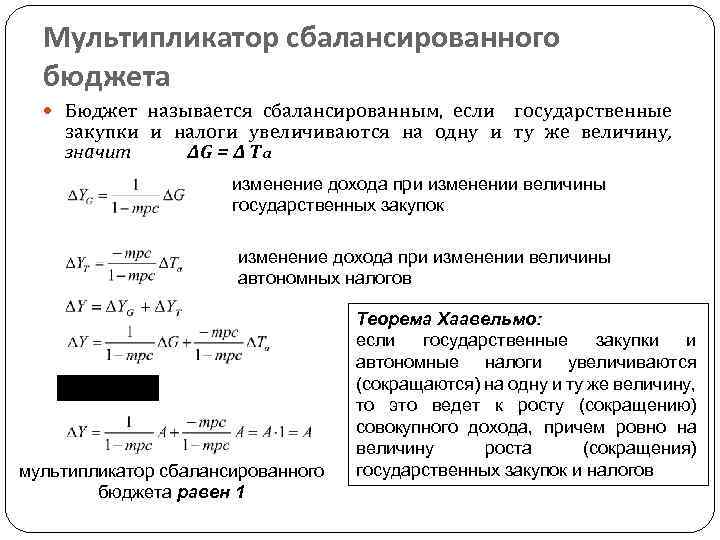 Мультипликатор сбалансированного бюджета Бюджет называется сбалансированным, если государственные закупки и налоги увеличиваются на одну