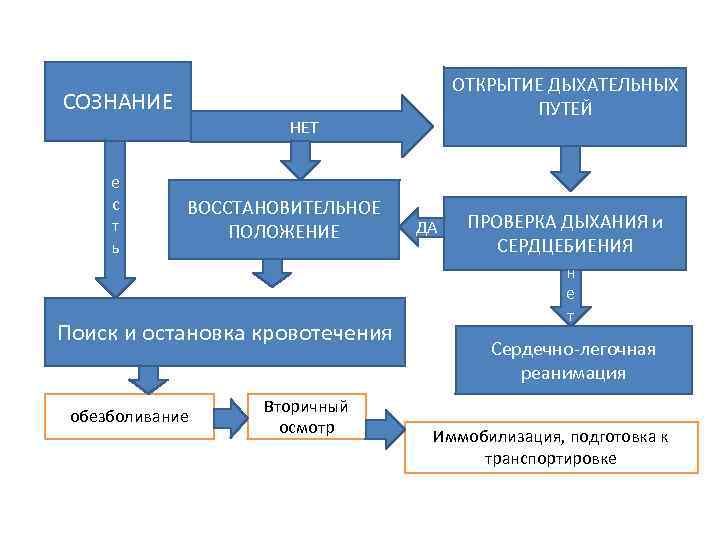 СОЗНАНИЕ е с т ь ОТКРЫТИЕ ДЫХАТЕЛЬНЫХ ПУТЕЙ НЕТ ВОССТАНОВИТЕЛЬНОЕ ПОЛОЖЕНИЕ Поиск и остановка