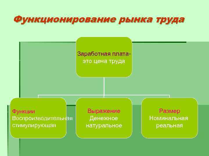 Функционирование рынка труда Заработная платаэто цена труда Функции Воспроизводительная стимулирующая Выражение Денежное натуральное Размер