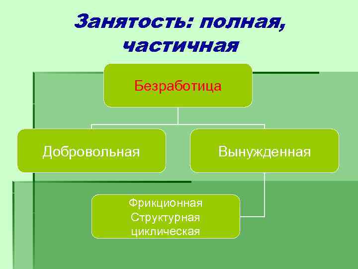 Занятость: полная, частичная Безработица Добровольная Фрикционная Структурная циклическая Вынужденная 