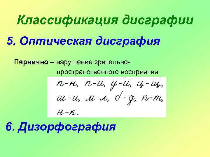 Классификация дисграфии 5. Оптическая дисграфия Первично – нарушение зрительнопространственного восприятия 6. Дизорфография 