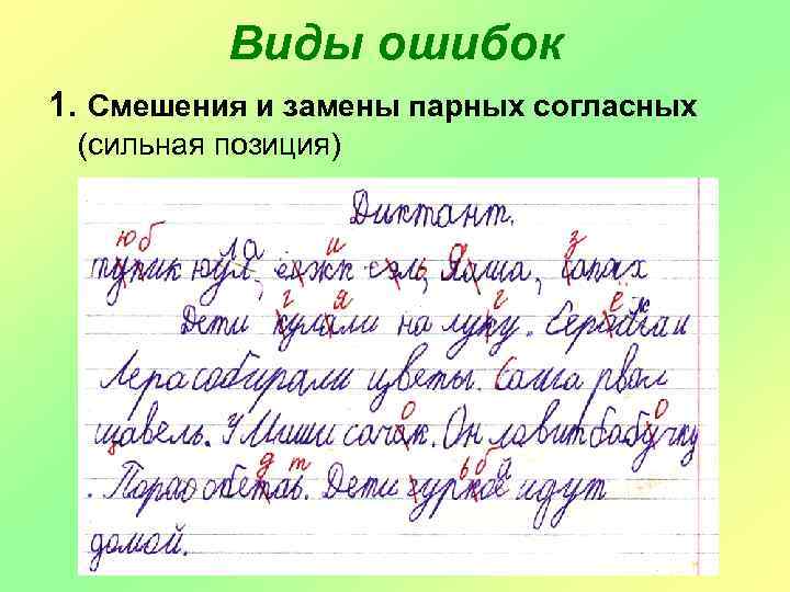 Виды ошибок 1. Смешения и замены парных согласных (сильная позиция) 