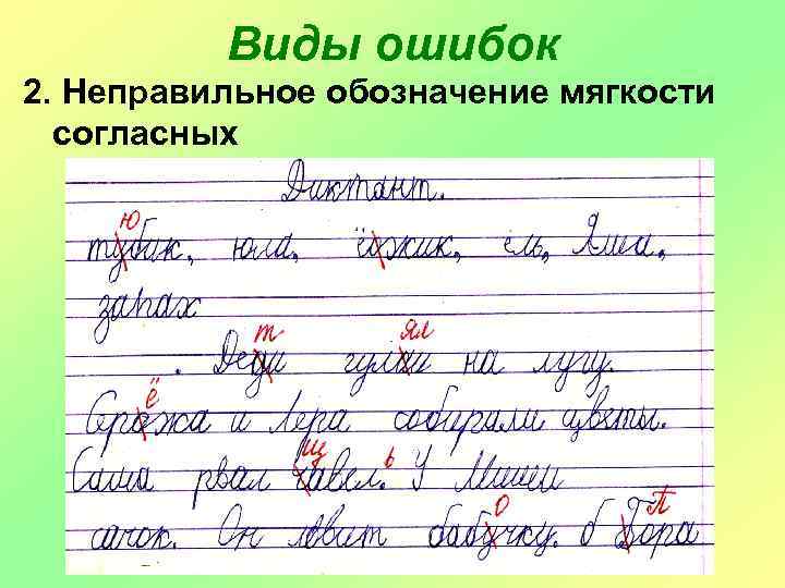 Виды ошибок 2. Неправильное обозначение мягкости согласных 