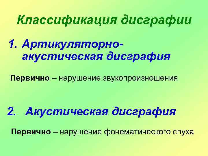 Классификация дисграфии 1. Артикуляторноакустическая дисграфия Первично – нарушение звукопроизношения 2. Акустическая дисграфия Первично –